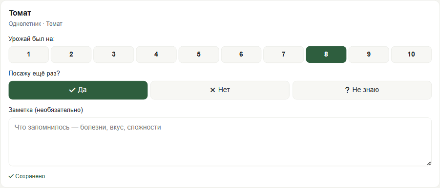 Карточка оценки урожая: шкала 1-10, кнопки «Да / Нет / Не знаю», поле заметки